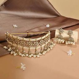 Fida White Pearl Bridal Choker & Earrings Set for Women-35
