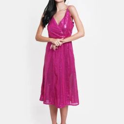 DODO & MOA Pink Embellished Fit & Flare Dress-image-76