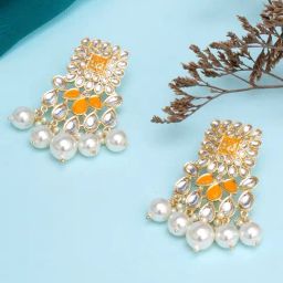 Karatcart Gold-Plated Yellow and Pearl Dangler Earrings-25