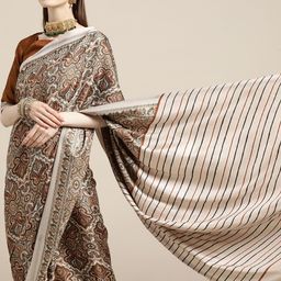 Saree mall Cream-Coloured & Brown Paisley Printed Pashmina Silk Bagru Saree-image-14