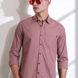 Thomas Scott Red Cotton Slim Fit Chequered Shirt-image-35
