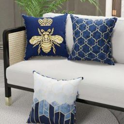 Bianca Suzane Navy & Gold Micro Fiber Reversible Printed Cushion Covers - Set of 3-45