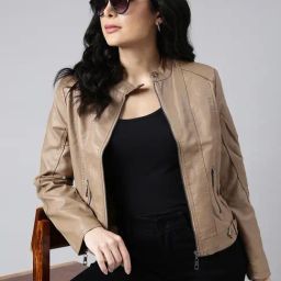 SHOWOFF Brown Faux leather Regular Fit Biker Jacket-image-59