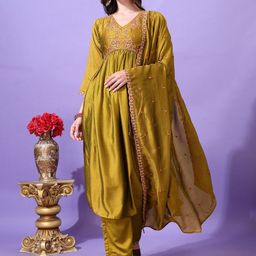 Hirvanti Fashion Embroidered Thread Work V-Neck A-Line Kurta With Trousers & Dupatta-53