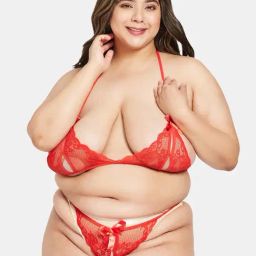 Secrets By ZeroKaata Red Lace Work Bra Panty Set-image-76