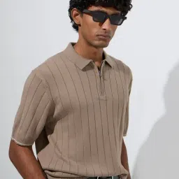 Ascot by Westside Taupe Relaxed-Fit Quarter-Zip Polo T-Shirt-image-28
