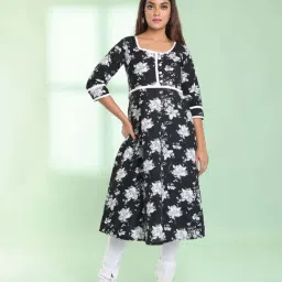 CHARUKRITI Black Cotton Printed A Line Kurta-image-56