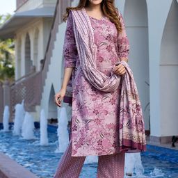 KALINI Floral Printed Regular Pure Cotton Straight Kurta With Trousers & Dupatta-9