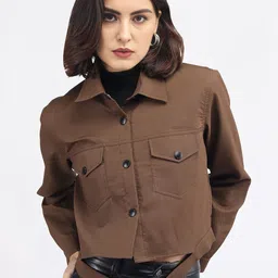 The Roadster Lifestyle Co. Brown Spread Collar Crop Corduroy Tailored Jacket-30