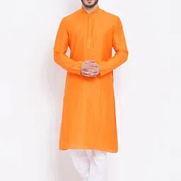 NAMASKAR Men Orange Mandarin Collar Linen Kurta-picture-12
