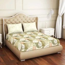 Spaces ATRIUM ECOM Beige & Green Cotton 144 TC Double Bedsheet with 2 Pillow Covers-image-57