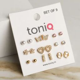 ToniQ Gold-Plated Stud Earrings Combo For Women - Set of 9-image-2