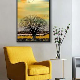 999Store Multicolor Canvas Tree Sun And Flying Bird In Sky Canvas Painting-18