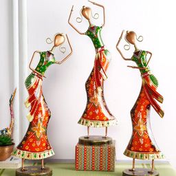 CraftVatika Set Of 3 Red & Green Handicraft Iron Dancing Lady Statue Showpiece-image-93