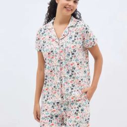Clovia White Cotton Regular Fit Floral Print Night Suit-image-40