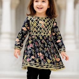 Mamma's Bear Girls Floral Printed Empire Gotta Patti Pure Cotton Kurti with Pyjamas-picture-17