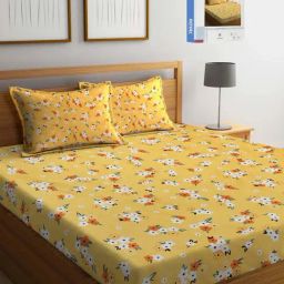 Klotthe Yellow Cotton Blend 300 TC Double Bed Sheet With 2 Pillow Covers-image-55