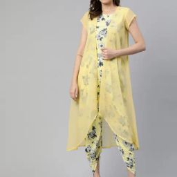 Cottinfab Yellow Floral Print Crepe Jumpsuit With Shrug-image-61