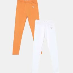 TWIN BIRDS Kids White & Orange Cotton Regular Fit Leggings (Pack of 2)-image-5