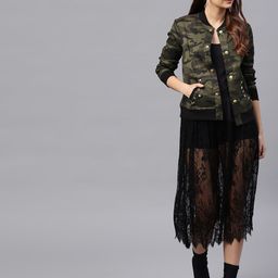 SASSAFRAS Women Olive Green & Black Printed Bomber Jacket-46