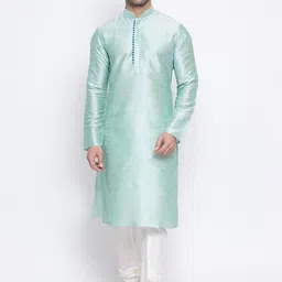NAMASKAR Men Sea Green Dupion Silk Solid Woven Design Kurta-16