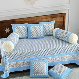 The Craft Monk Blue & Cream 8 Pieces Floral Printed Pure Cotton Diwan Set-image-12