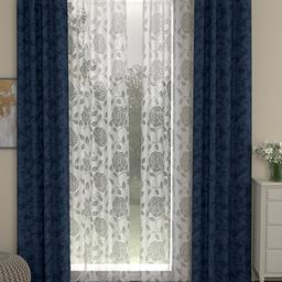 ROSARA HOME Navy Blue & White Set of 4 Long Door Curtains-31