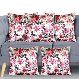 Kuber Industries Cream & Pink Set of 5 Floral Velvet Square Cushion Covers-18