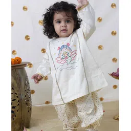 Tiber Taber Premium Cotton  Full Sleeves Baby  Lakshmi Embroidered & Gota Lace Embellished Kurta & Bandhej Printed Salwar Suit Set - Cream-picture-31