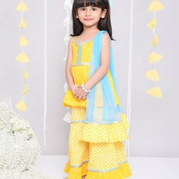 KID1 Sleeveless Bandhani Design Printed Coordinating Kurta & Sharara With Dupatta - Yellow-image-10