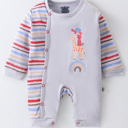 Mini Taurus Cotton Knit Full Sleeves Romper With Animal Print & Stripes - Grey-image-11