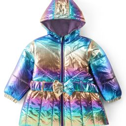Babyhug Woven Full Sleeves Hooded Jacket with Bow Applique Belt Metallic Print - Multicolour-image-73