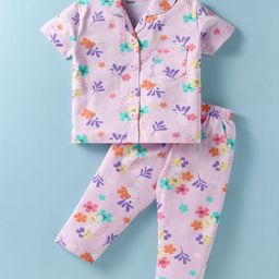 Little Darlings Sinker Knit Half Sleeves Night Suit with Floral Print - Pink-image-19