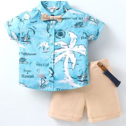 ToffyHouse Poplin Woven Half Sleeves Beach Theme Print Shirt & Shorts Set with Bow & Suspender - Tan Blue-image-54