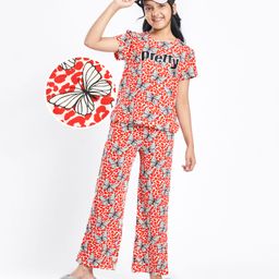 Pine Kids Single Jersey Knit Half Sleeves Night Suit With Butterfly Print - White & Red-image-42