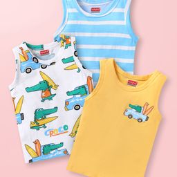Babyhug 100% Cotton Knit Antibacterial Sleeveless Sandos with Stripes & Vehicle Print Pack of 3 -Light Blue & Yellow-image-85