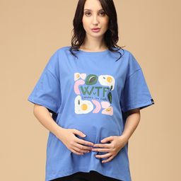 The Mom Store Cotton Half Sleeves Wheres The Food Text Printed Oversized Maternity Tee - Blue-image-17