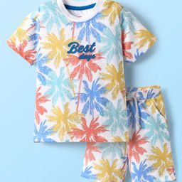 Babyhug Single Jersey Knit Half Sleeves T-shirt & Short Set With Tropical Theme Print - White-image-90