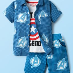 Babyhug Marvel Single Jersey Knit Half Sleeves Shirt & Shorts Co-Ord Set With Avengers Graphics & T-Shirt - Blue-image-53