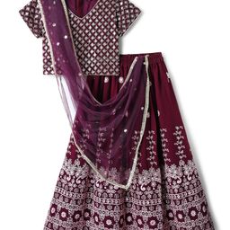 Pine Kids Woven Half Sleeves Choli Lehenga & Dupatta Set Floral Embriodery & Lace Detailing - Wine-image-26