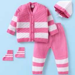 Babyhug Knit Full Sleeves Front Open Sweater & Pant Set with Cap and Booties Stripes Design - Pink-image-70