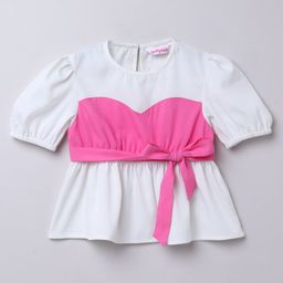Taffykids Moss Crepe Half Puffed Sleeves Cut & Sew Bow Applique Detailed Peplum Top - Pink & White-image-95