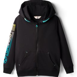 Primo Gino 100% Cotton Drop Shoulder Full Sleeves Front Open Hooded Sweatjacket with Text Print & Kangaroo Pockets - Black-image-32