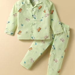 Doreme Cotton Knit Full Sleeves Co-ords Night Suit With Vehicle Print - Green-image-23