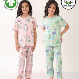 Anthrilo 100% Organic Cotton Knit Pack Of 2 Half Sleeves Unicorn & Butterfly Printed Coordinating Night Suit Sets - Pink & Green-image-42