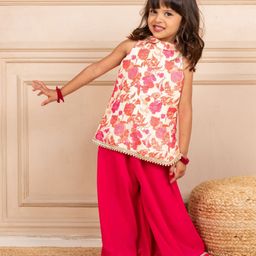Jilmil Cotton Blend Woven Sleeveless Floral Printed Gota Lace Embellished Short Kurti & Palazzo Set - Pink-image-37