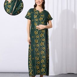 MomToBe Cotton Blend Half Sleeves Abstract Printed Maternity Nighty With Side Seem Nursing Access - Castleton Green-picture-11
