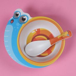 Mihar Essentials Bamboo Fibre Feeding Bowl with Spoon Snail Shape (Color & Print May Vary) image 2