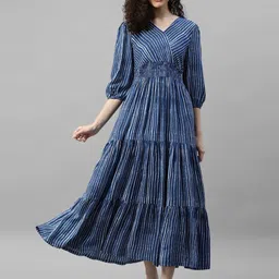 Femvy Women Striped V-Neck Fit And Flare Midi Dress-image-35