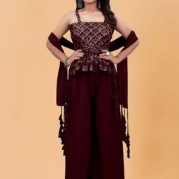 PARROT CREATION Ethnic Motifs Embroidered Georgette A-Line Kurti With Palazzo And Dupatta-image-89